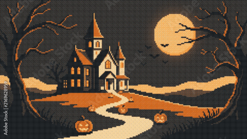 Spooky Haunted House Pixel Art At Night With Full Moon Bare Trees Jack O Lanterns And Winding Path, Halloween Pixel Art Haunted House With Glowing Pumpkins Bare Trees And Moonlit Path