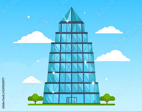 Modern glass skyscraper building with green surroundings.