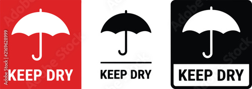 Keep dry shipping label icons with umbrella symbol for fragile package handling instructions