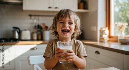 Happy child drinking milk at kitchen counter with joyful expression