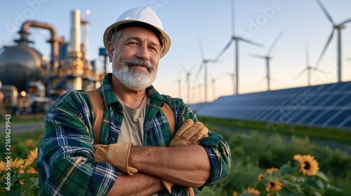 An engineer standing between a critical minerals processing plant and a field of wind turbines and solar panels, symbolizing the link between mining and clean energy