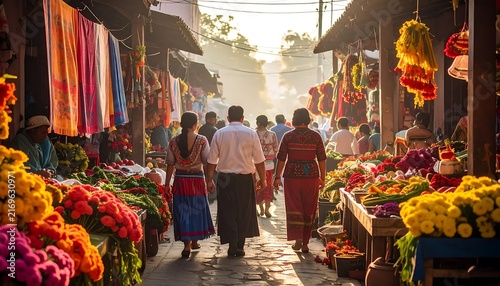 People walking through a vibrant and colorful street market in Asia.