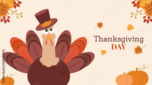 Cute turkey autumn leaves and wreath Thanksgiving invitation template. for greeting card party invite print and web design, vector illustration.