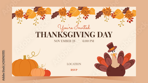 Cute turkey with pumpkins and autumn wreath for a Thanksgiving dinner invitation. Ideal for greeting cards, party events and print design, vector illustration.