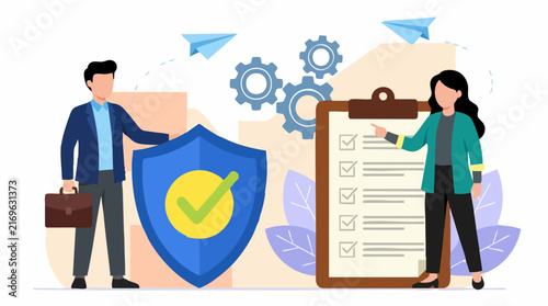 Business security, protection, and task management with team illustration