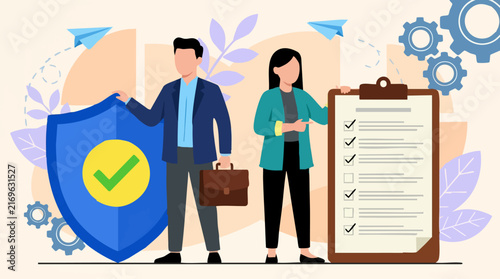 Business security, data protection, and compliance checklist with professionals