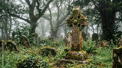 Ancient Celtic Cross Tombstone in Misty Forest Cemetery.