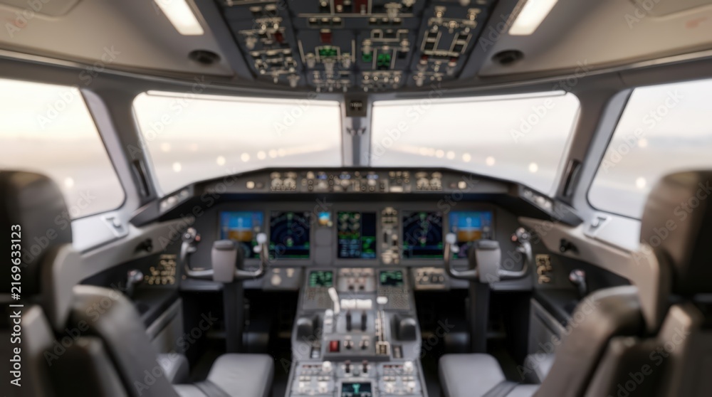Fototapeta premium Airplane cockpit interior view looking out onto a runway during approach. The flight deck controls and screens are visible in soft focus with a blurred view of the landing strip ahead.