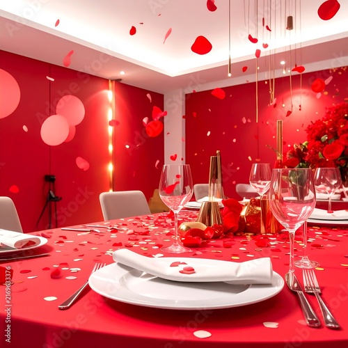 Romantic Valentine Day Dinner Table Setting with Red Decorations.