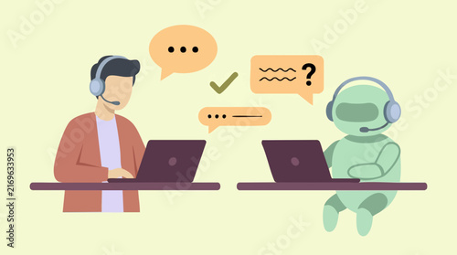 Human and AI chatbot collaboration in customer service illustration