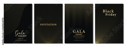 Luxury celebration invitation set with golden decorative frame and elegant line style pattern vip seasonal template