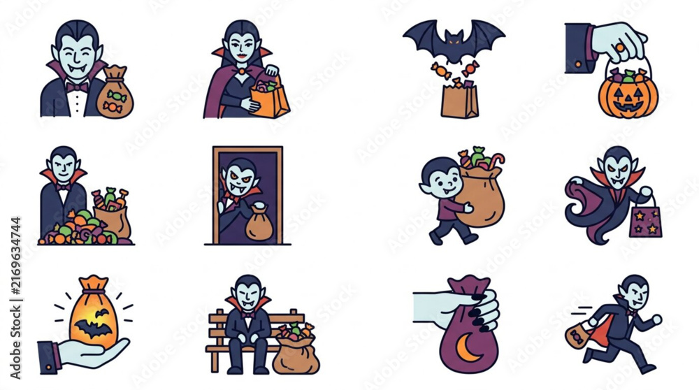 Fototapeta premium Halloween vampire and bat cartoon illustrations set.