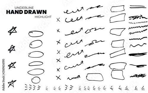 Hand Drawn Doodle Elements Collection, Black Sketchy Underline Marks, Check Symbols, Scribbles, Speech Shapes and Decorative Strokes for Posters, Branding, Scrapbook and Creative Design