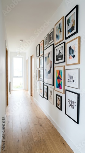 Modern Hallway with Art Gallery Wall and Natural Light.