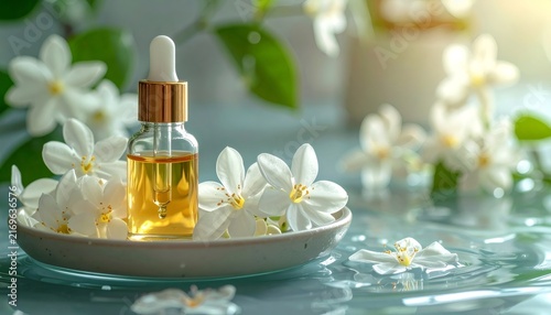 Essential oil dropper bottle with jasmine flowers