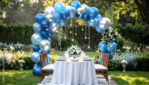 Romantic Outdoor Table Setup for Two with Blue Balloon Arch.
