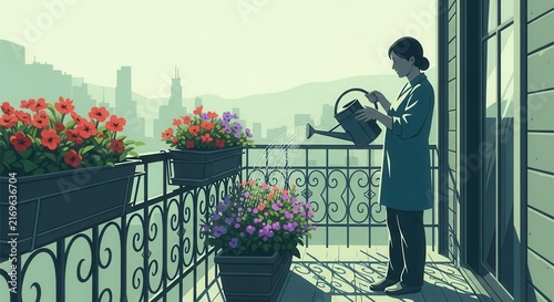 Woman Watering Balcony Flowers Overlooking Cityscape With Greenery And Lush Plants