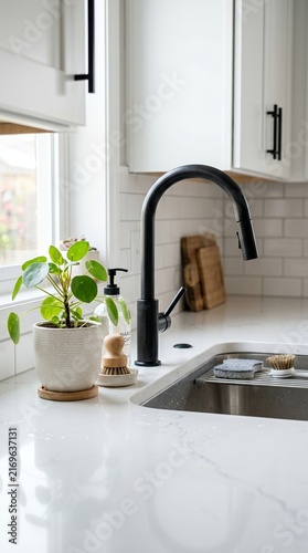 Modern Kitchen Sink Area with Black Faucet and Potted Plant.