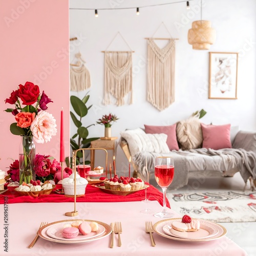 Romantic Valentine Day Table Setting with Macarons and Flowers.
