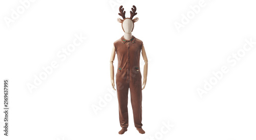 Obraz na płótnie Wooden mannequin wearing brown reindeer onesie and antler headband