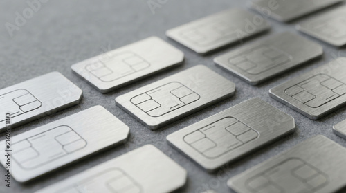 Plakat Sim card microchip technology communication electronic data network close up pattern metallic silver connectivity digital