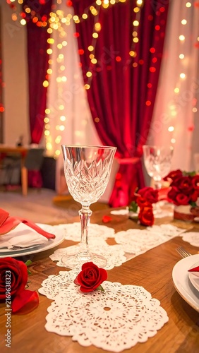 Romantic Valentine Day Table Setting with Red Roses and Crystal Glassware.