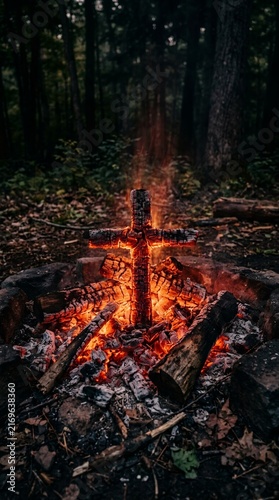Mysterious Cross Shaped Fire Burning in Dark Forest.