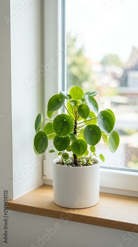 Pilea Peperomioides Plant in White Pot on a Wooden Windowsill.