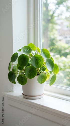 Pilea Peperomioides Plant in White Pot on Windowsill with Greenery Outside.
