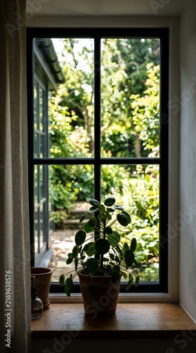 Potted plant on windowsill looking out to lush green garden.