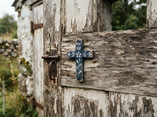 Rustic Wooden Gate with Decorative Cross in Rural Setting.
