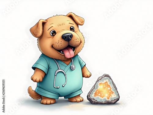 Perro veterinario con geoda dorada y estetoscopio