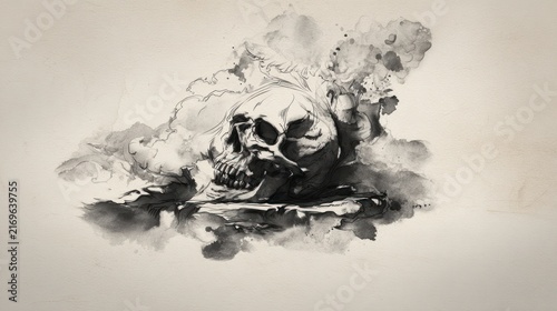 Artistic skull illustration emerging from smoke cloud on white background