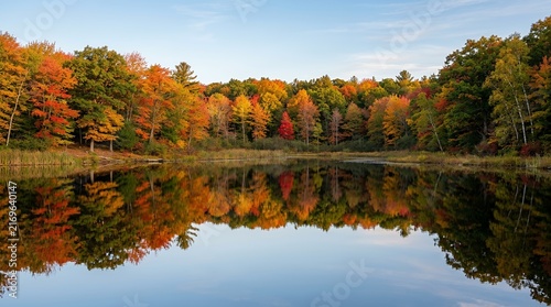 Vibrant Autumn Forest Reflected in Calm Lake Water.
