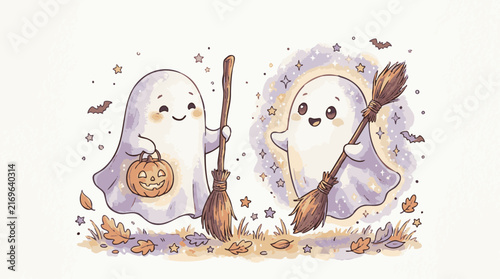 Two cute cartoon ghosts holding wooden broomsticks and a jack-o'-lantern, surrounded by autumn leaves, stars, and bats on white background