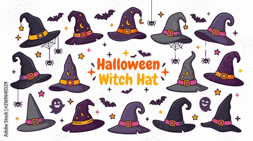 Collection of halloween witch hats with spiders, bats, and ghosts, featuring purple and orange decorative on white background