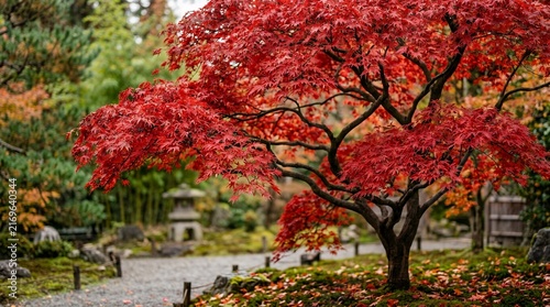Vibrant Japanese Maple Tree in Autumn Garden with Stone Lantern.