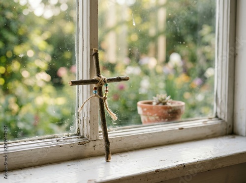 Wooden cross on a windowsill with a garden view.