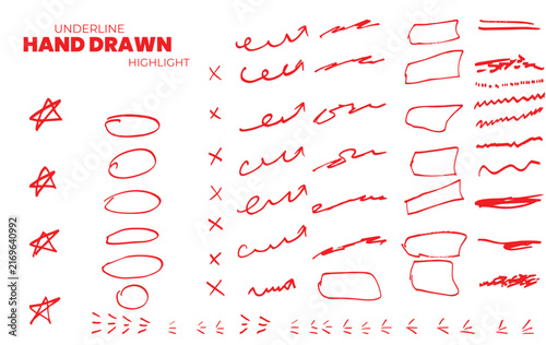 Red Hand Drawn Doodle Collection, Sketchy Annotation Marks, Check Symbols, Scribbles, Oval Frames, Speech Shapes and Decorative Strokes for Creative Design