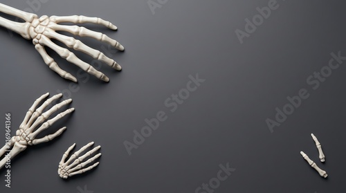 Top view of multiple plastic skeleton hands arranged on a dark grey background for halloween decoration