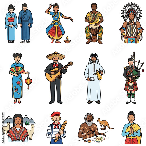 Diverse cultures - Diverse collection of global people in traditional costumes, showcasing multicultural illustration and folk heritage from various