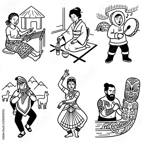 A diverse collection of line art illustration depicting world traditions and ethnic heritage through indigenous customs and global cultural diversity.