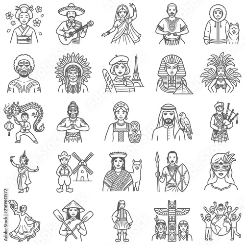Hand-drawn line art icons of people in traditional costumes and national dress, representing world characters and global cultural diversity.