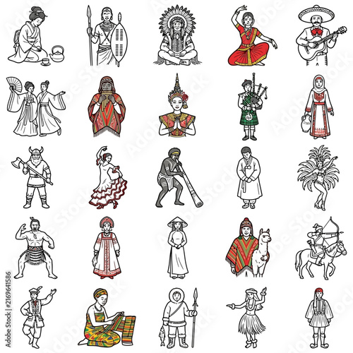 A diverse collection of traditional costumes representing global people and cultural diversity through various folk clothing and ethnic characters.