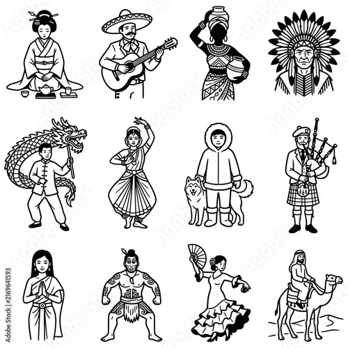Detailed line art of traditional world costumes showing cultural diversity with people characters representing global heritage and ethnic folk