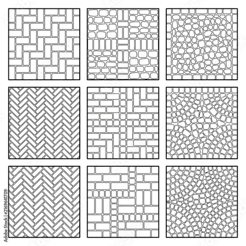 Seamless pattern set featuring geometric texture and architectural hatching for masonry grid and floor plan design elements
