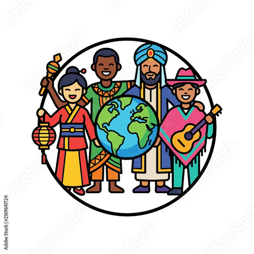 A vibrant scene of world diversity and global unity with people from every culture standing together around the planet.