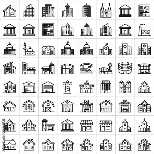 Comprehensive building architecture icon set featuring hand-drawn sketch designs of houses, skyscrapers, and urban infrastructure elements
