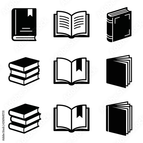 Collection of flat book icon designs featuring an open book and a stack of books for library and education related projects.