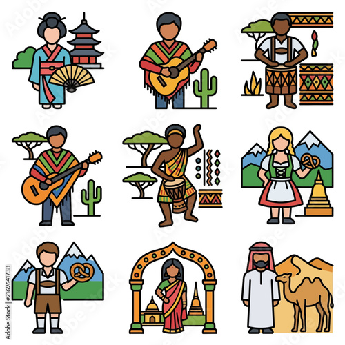 Global set of diverse people wearing traditional culture clothing representing international diversity and national heritage across the world.